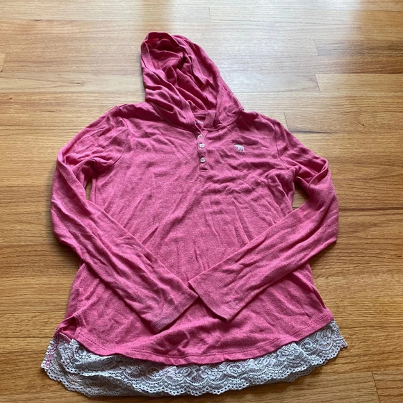 Abercrombie Kids Light Heathered Pink Hooded Top With Lace Trim 9/10 Girls Large - Picture 1 of 6